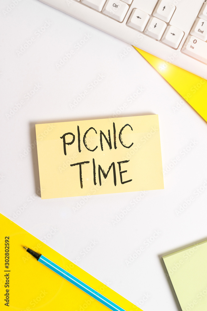 Text sign showing Picnic Time. Business photo showcasing period where meal taken outdoors as part of an excursion Flat lay above table with pc keyboard and copy space paper for text messages Text sign showing Picnic Time. Business photo showcasing period where meal taken outdoors as part of an excursion Flat lay above table with pc keyboard and copy space paper for text messages
