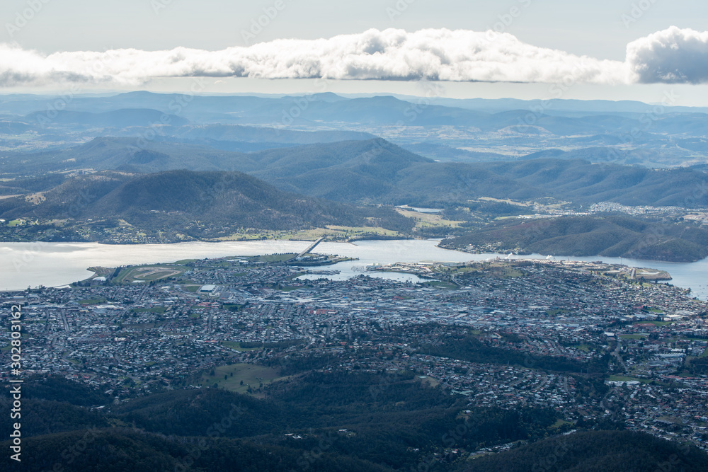 Aerial view of of Hobart the capital and most populous city of the Australian island state of Tasmania view from Mount Wellington.