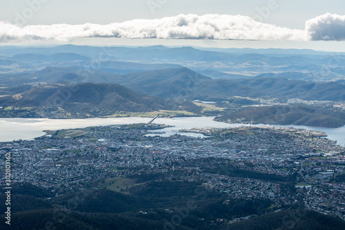 Aerial view of of Hobart the capital and most populous city of the Australian island state of Tasmania view from Mount Wellington.