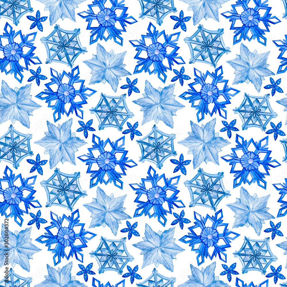 Graphic seamless pattern on a winter theme with big and small blue snowflakes of different shapes,winter watercolor background.Elements painted in watercolor, for fabric, paper, decor, winter holidays Graphic seamless pattern on a winter theme with big and small blue snowflakes of different shapes,winter watercolor background.Elements painted in watercolor, for fabric, paper, decor, winter holidays
