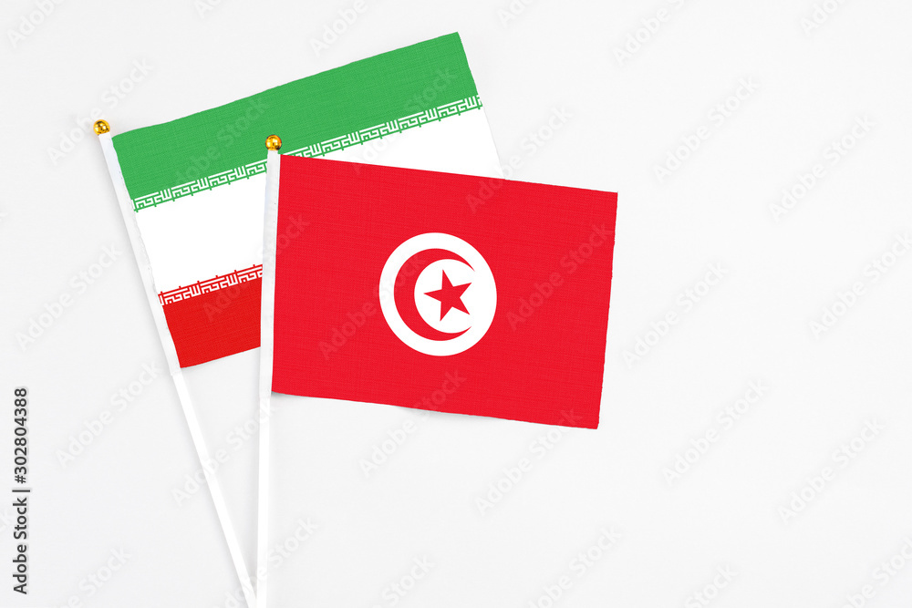 Tunisia and Iran stick flags on white background. High quality fabric, miniature national flag. Peaceful global concept.White floor for copy space. Tunisia and Iran stick flags on white background. High quality fabric, miniature national flag. Peaceful global concept.White floor for copy space.