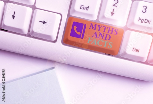 Text sign showing Myths And Facts. Business photo showcasing Oppositive concept about modern and ancient period White pc keyboard with empty note paper above white background key copy space photo