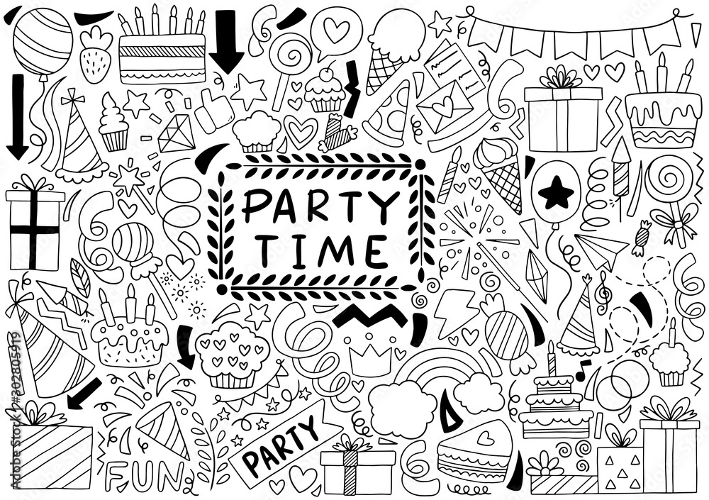 hand drawn party doodle happy birthday Ornaments background pattern Vector illustration