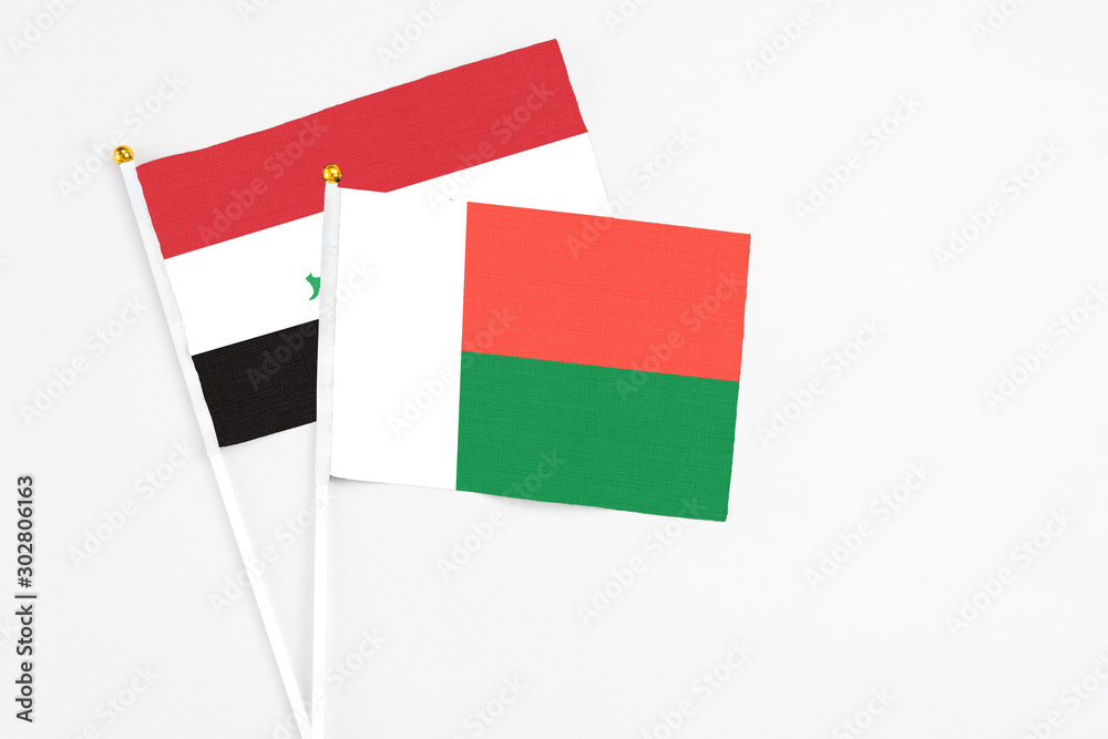 Madagascar and Iraq stick flags on white background. High quality fabric, miniature national flag. Peaceful global concept.White floor for copy space. Madagascar and Iraq stick flags on white background. High quality fabric, miniature national flag. Peaceful global concept.White floor for copy space.