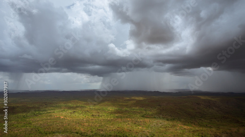 Aerial view from a helicopter of Wet Season thunderstorms near Warmu in the remote Kimberley region of Western Australia.
