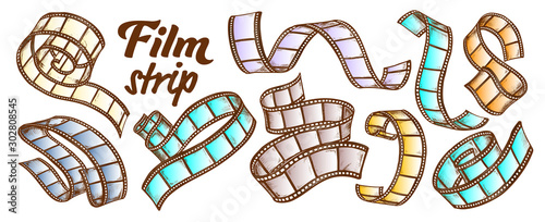 Film Strip For Camera Or Projector Set Vector. Collection Of Blank Old Film Reel Ribbon In Spiral Curl And Twisted. Engraving Template Hand Drawn In Vintage Style Color Illustrations
