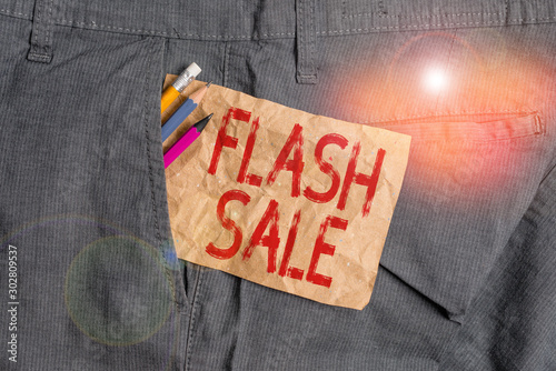 Word writing text Flash Sale. Business photo showcasing a sale of goods at greatly reduced prices at a short period Writing equipment and brown note paper inside pocket of man work trousers