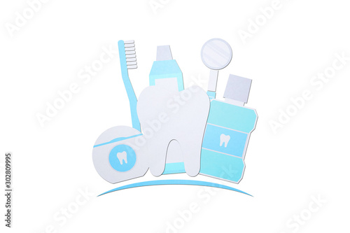 healthy tooth logo with toothbrush toothpaste mouthwash floss and dentist tools, dental care - teeth cartoon paper cut style