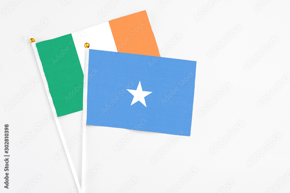 Somalia and Ireland stick flags on white background. High quality fabric, miniature national flag. Peaceful global concept.White floor for copy space Somalia and Ireland stick flags on white background. High quality fabric, miniature national flag. Peaceful global concept.White floor for copy space