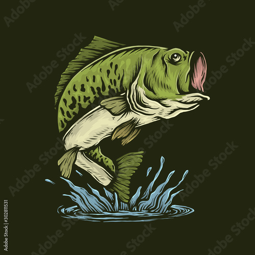 Handdrawn vintage bass fish jumping vector illustration photo
