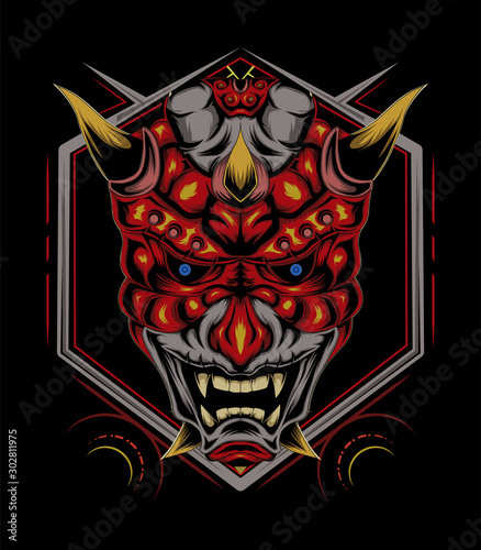 demon mask logo. demon mascot logo design illustration. kabuki illustration. red devil face illustration. vector head of red demon. japanese demon mask