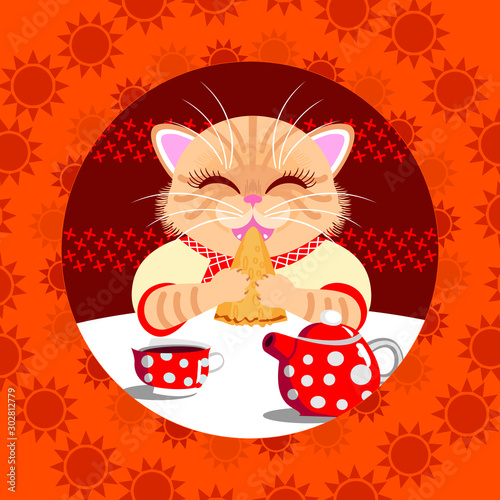 Cat and pancakes, Russian Maslenitsa, vector illustration