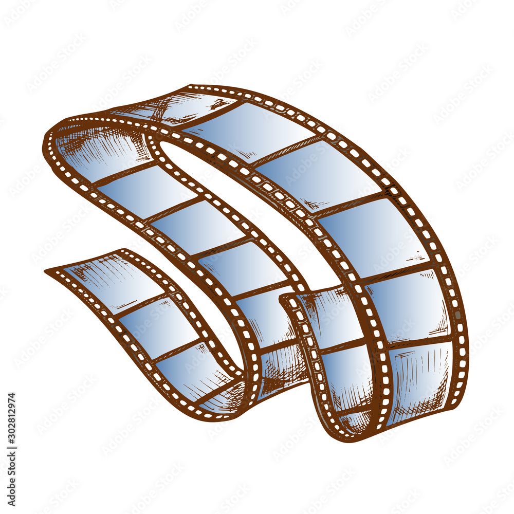 Film Strip For Video Camera Color Vector. Curved Blank Retro Film Tape Negative. Cinema Production Accessory For Make Movie Engraving Layout Designed In Vintage Style Illustration