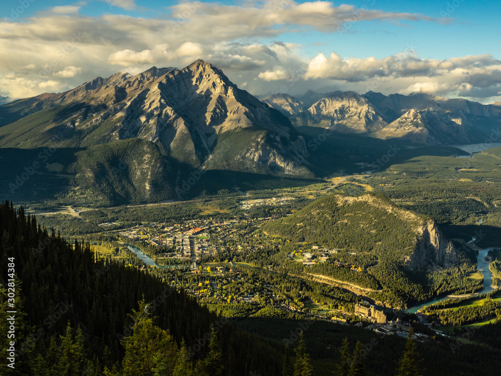 Aerial View of Banff, Alberta, Canada, from the top of the gondola at Sulphur Mountain