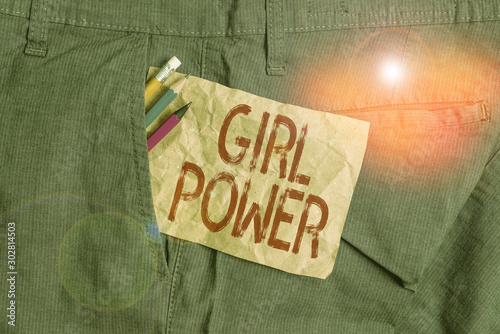 Word writing text Girl Power. Business photo showcasing assertiveness and selfconfidence shown by girls or young woanalysis Writing equipment and brown note paper inside pocket of man work trousers