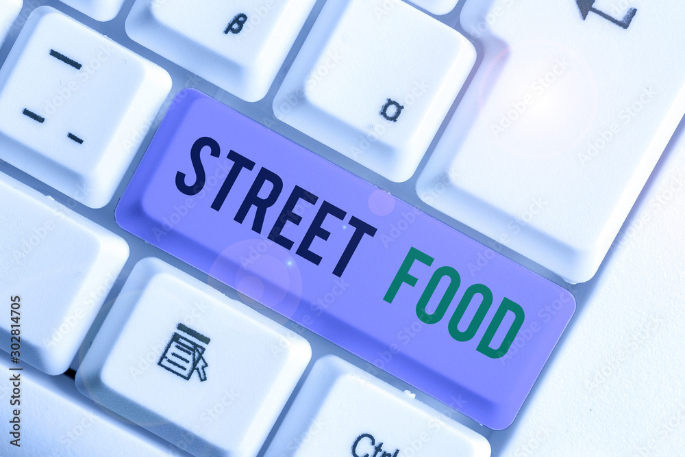 Word writing text Street Food. Business photo showcasing cooked food sold by vendors in a street or other public location Word writing text Street Food. Business photo showcasing cooked food sold by vendors in a street or other public location