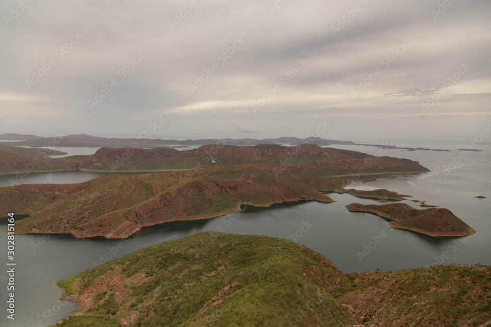 Aerial landscape view of Lake Argyle, the largest man made lake in Australia in the remote Kimberley region of Australia.