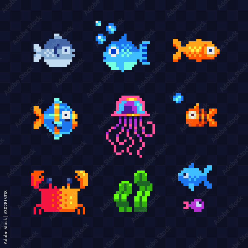 Set of sea animals characters, jellyfish, seaweed, crab, pixel art 80s ...