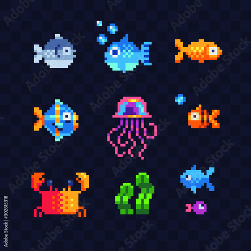 Set of sea animals characters, jellyfish, seaweed, crab, pixel art 80s style isolated vector illustration. Cartoon flat style fish icons. Element design for mobile app and sticker. Game assets.