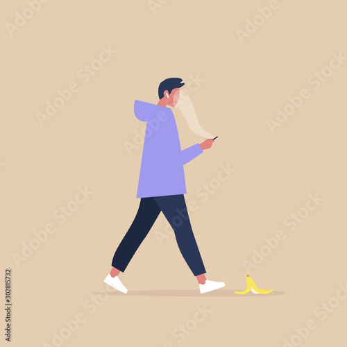Modern lifestyle, Millennial male character addicted to a smartphone stepping on a banana peel