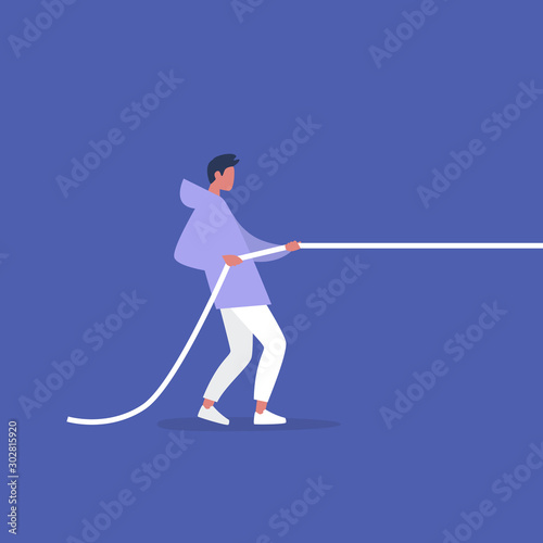 Tug of war, young male character pulling a rope, conceptual illustration
