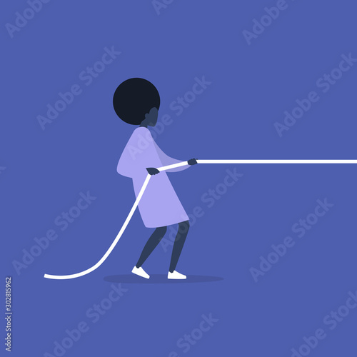 Tug of war, young black female character pulling a rope, conceptual illustration