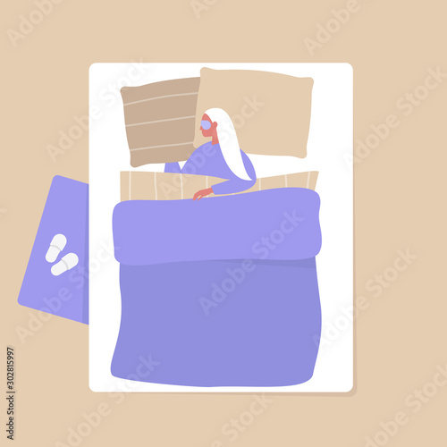 Top view of a female character sleeping in a bedroom, modern interior and lifestyle