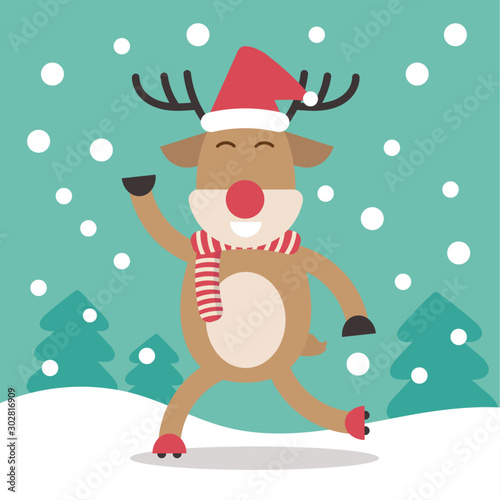 reindeer character design with hat and scarf roller ice skating on snow, Merry Christmas. cartoon flat vector illustration.