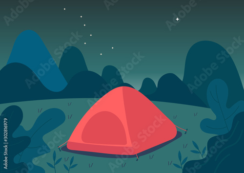 camping tent, mountain hiking night time with big dipper constellation and Polaris or north star on the sky, nature tourism. flat vector illustration