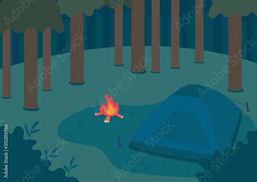 campfire tent camping on vacation at night landscape, wood forest background, nature tourism, outdoor adventure time. flat vector illustration