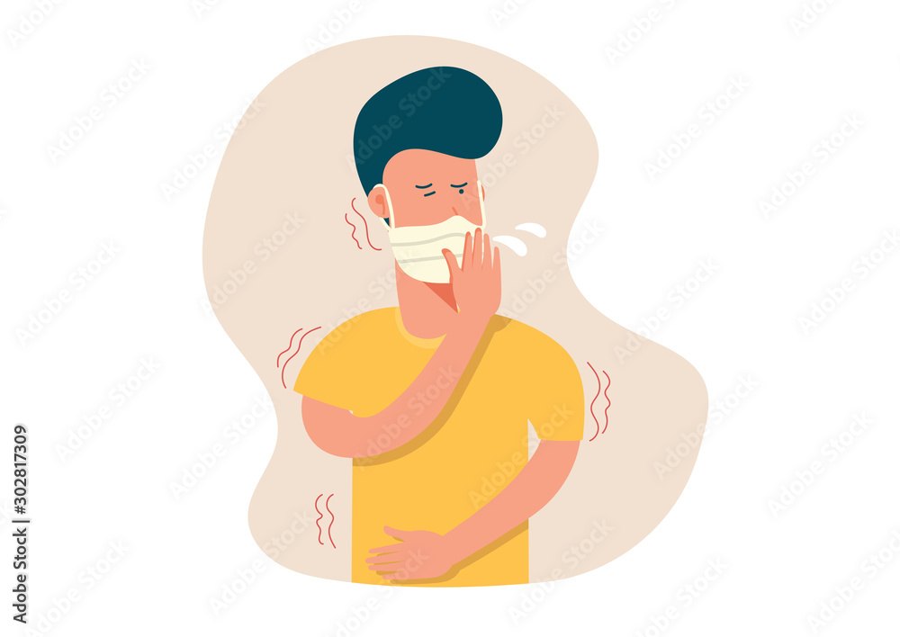 young man with mask suffering form fever, cold sickness, cough and shake, flu symptom, illness, health problem, allergy, virus infection. character cartoon flat vector illustration. young man with mask suffering form fever, cold sickness, cough and shake, flu symptom, illness, health problem, allergy, virus infection. character cartoon flat vector illustration.