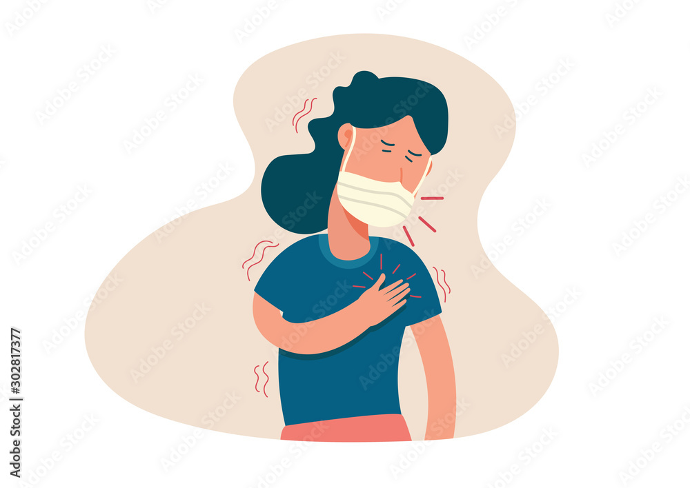 young woman with mask suffering form fever, cold sickness, cough and shake, flu symptom, illness, health problem, allergy, virus infection. character cartoon flat vector illustration.