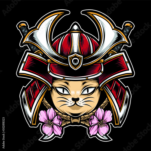 cute cat wear samurai helmet vector