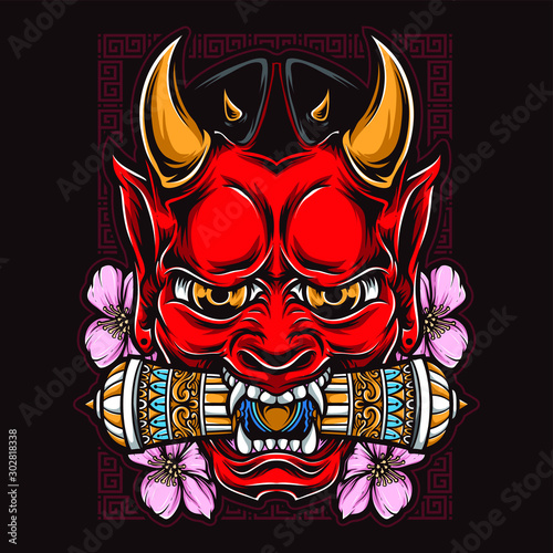 japanese demon mask with sakura vector