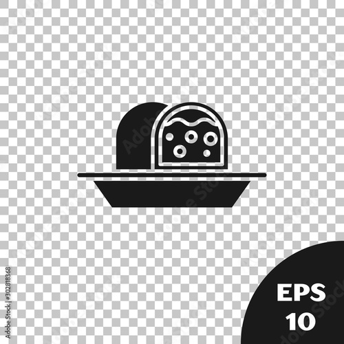 Black Marzipan sponge cake icon isolated on transparent background. Merry Christmas and Happy New Year. Vector Illustration