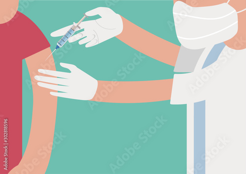 Medical flu vaccination shot concept of doctor holding syringe injects patient vaccine on arm for immunity health. cartoon flat vector illustration style.