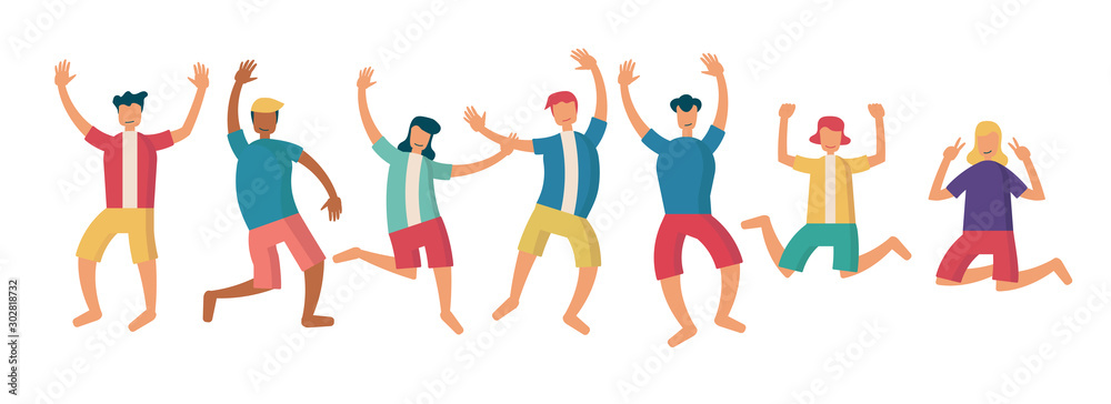 group of young happy people jumping with raised hands isolated on white ...