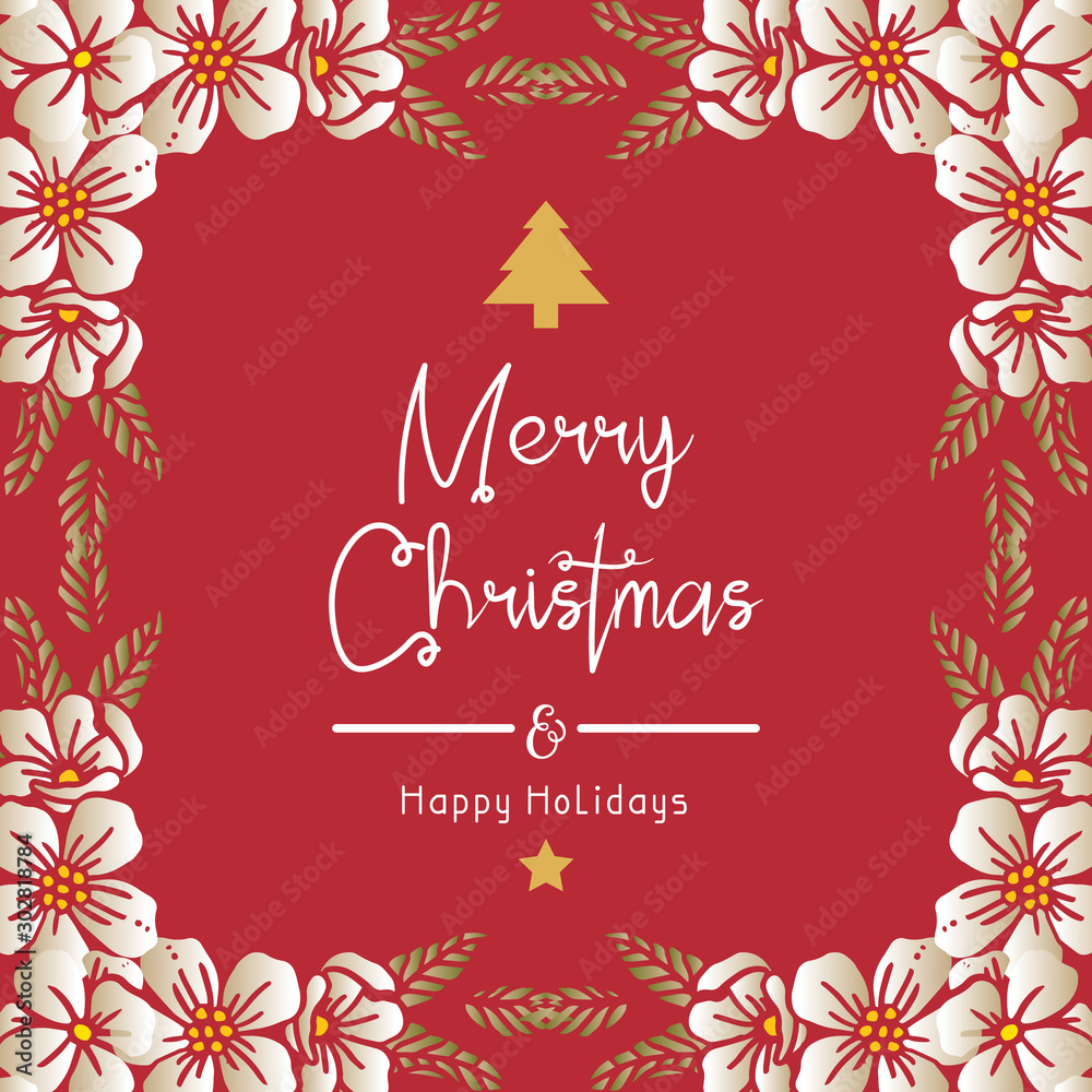 Greeting card lettering of merry christmas happy holiday, with wallpaper crowd of wreath frame. Vector