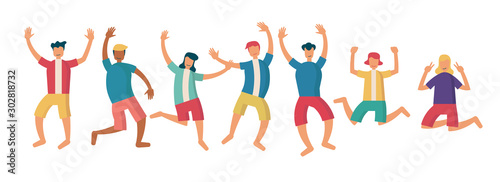 group of young happy people jumping with raised hands isolated on white background. character female and male. cartoon flat vector illustration