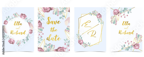Pink blue gold geometry wedding invitation with rose,flower,heart and leaves.Vector birthday invitation for kid and baby.Editable element
