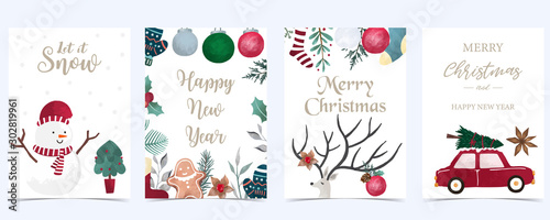 Collection of Christmas background set with holly leaves,flower,car.Editable vector illustration for New year invitation,postcard and website banner