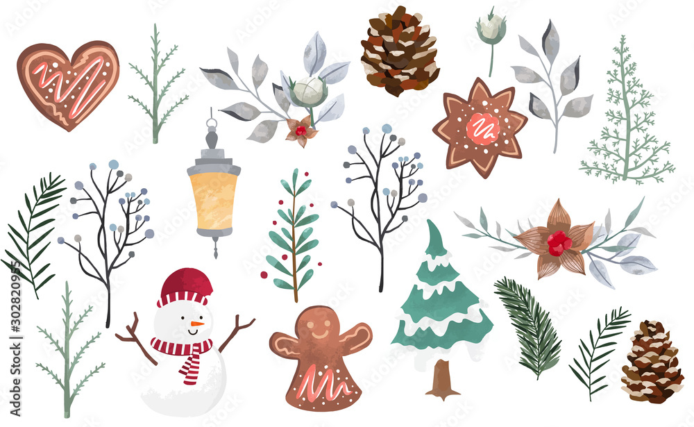 Watercolor Christmas object collection with pine cone,snowman,tree ...