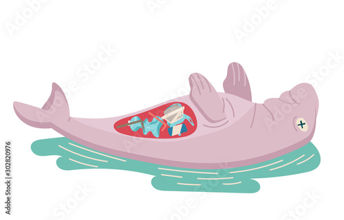 environmental concept, sea, ocean pollution with plastic waste, bottle, garbage, trash or rubbish in animal stomach, marine life, dead pink dugong. cartoon flat vector illustration.