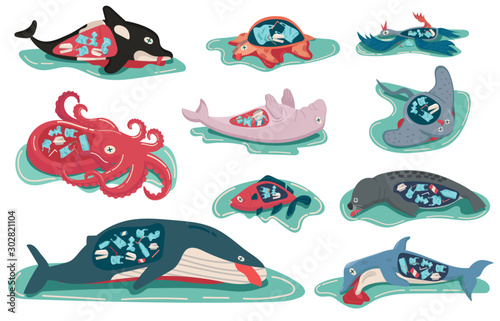 Plastics pollution environment concept effect to animals life, set of marine died, dolphin, dugong, fish, killer whale, octopus, ray, seagull, seal, turtle, whale. cartoon flat vector illustration.