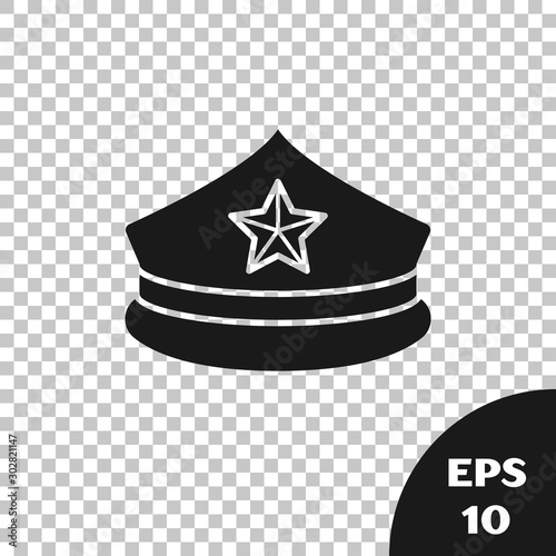 Black Police cap with cockade icon isolated on transparent background. Police hat sign. Vector Illustration