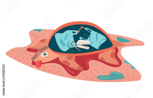 environmental concept, sea, ocean pollution with plastic waste, bottle, garbage, trash or rubbish in animal stomach, marine life, dead turtle. cartoon flat vector illustration.