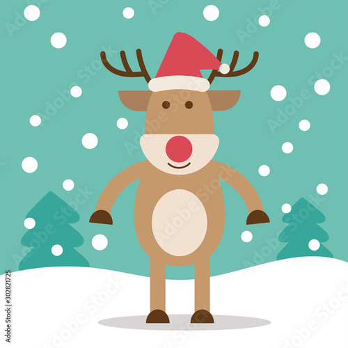 reindeer character design with Santa Claus hat on snowfall outdoor, Merry Christmas. cartoon flat vector illustration.