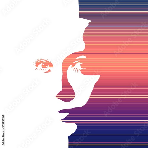 Face front view. Elegant silhouette of a female head. Portrait of a happy smiled woman. Gradient paint horizontal lines