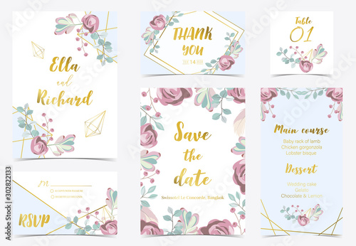 Pink blue gold geometry wedding invitation with rose flower heart and leaves.Vector birthday invitation for kid and baby.Editable element