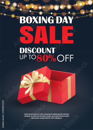 Boxing day sale with red gift box advertising poster template. Use for flyer, banner, christmas seasonal offer, discount.
